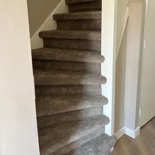 Dichte trap met tapijtbekleding in grijstint